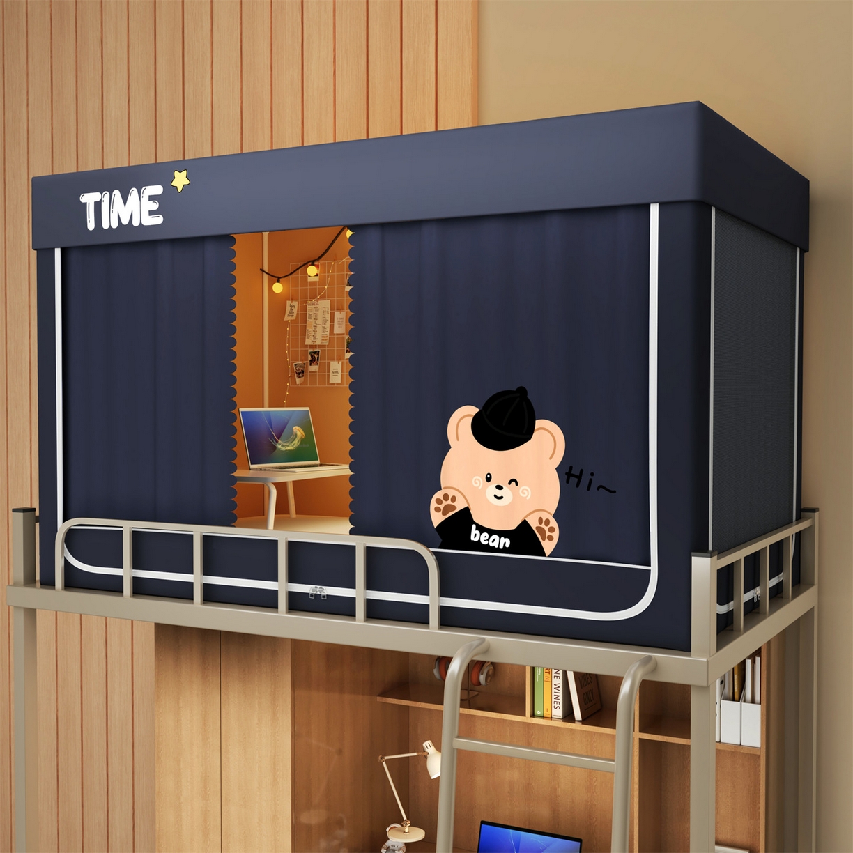 91家纺网 家纺一手货源 找家纺 佳梦家纺 2025新款学生坐床烫画蚊帐 黑色小熊