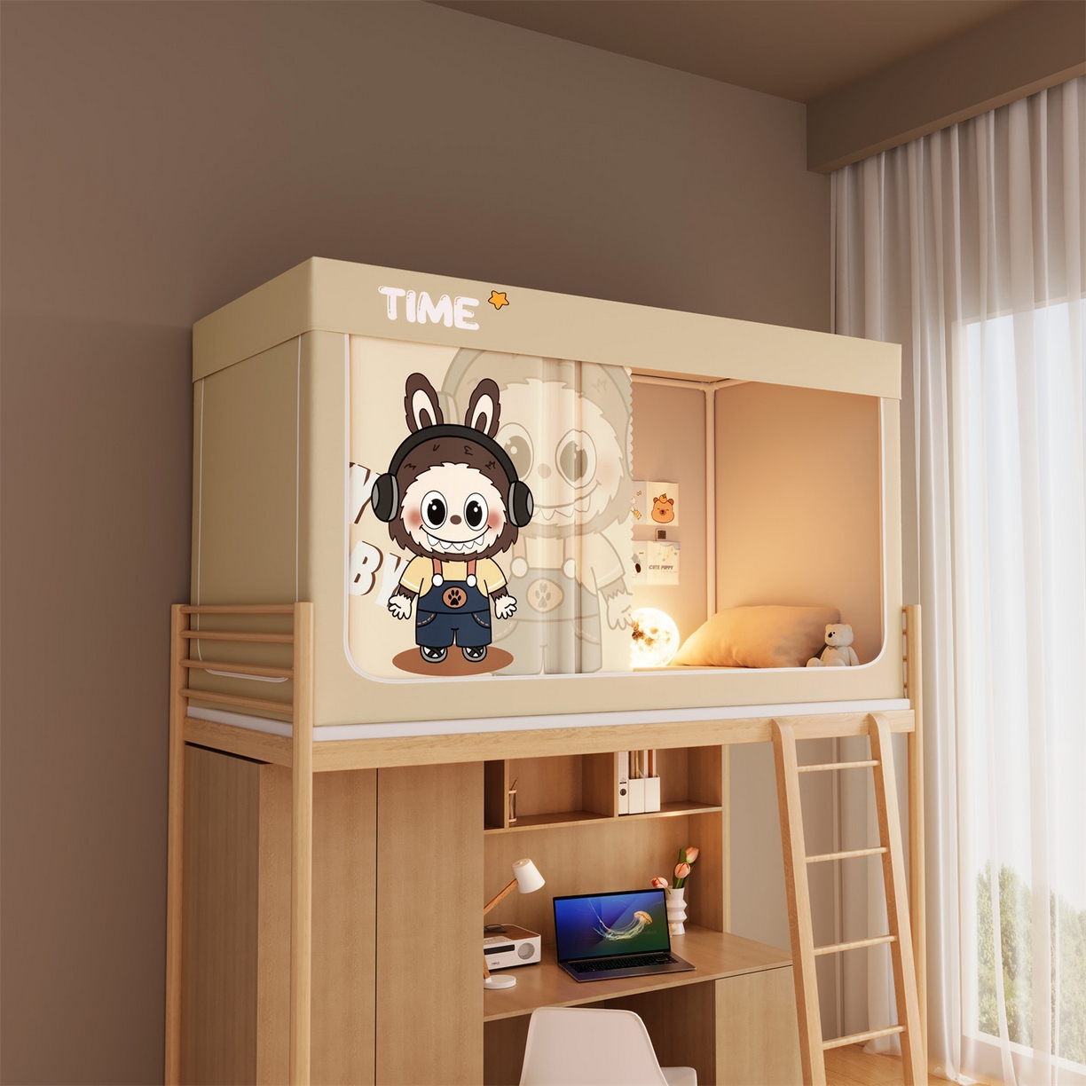 91家纺网 家纺一手货源 找家纺 佳梦家纺 2025新款学生坐床蚊帐-印花系列 背带咘咘-黄