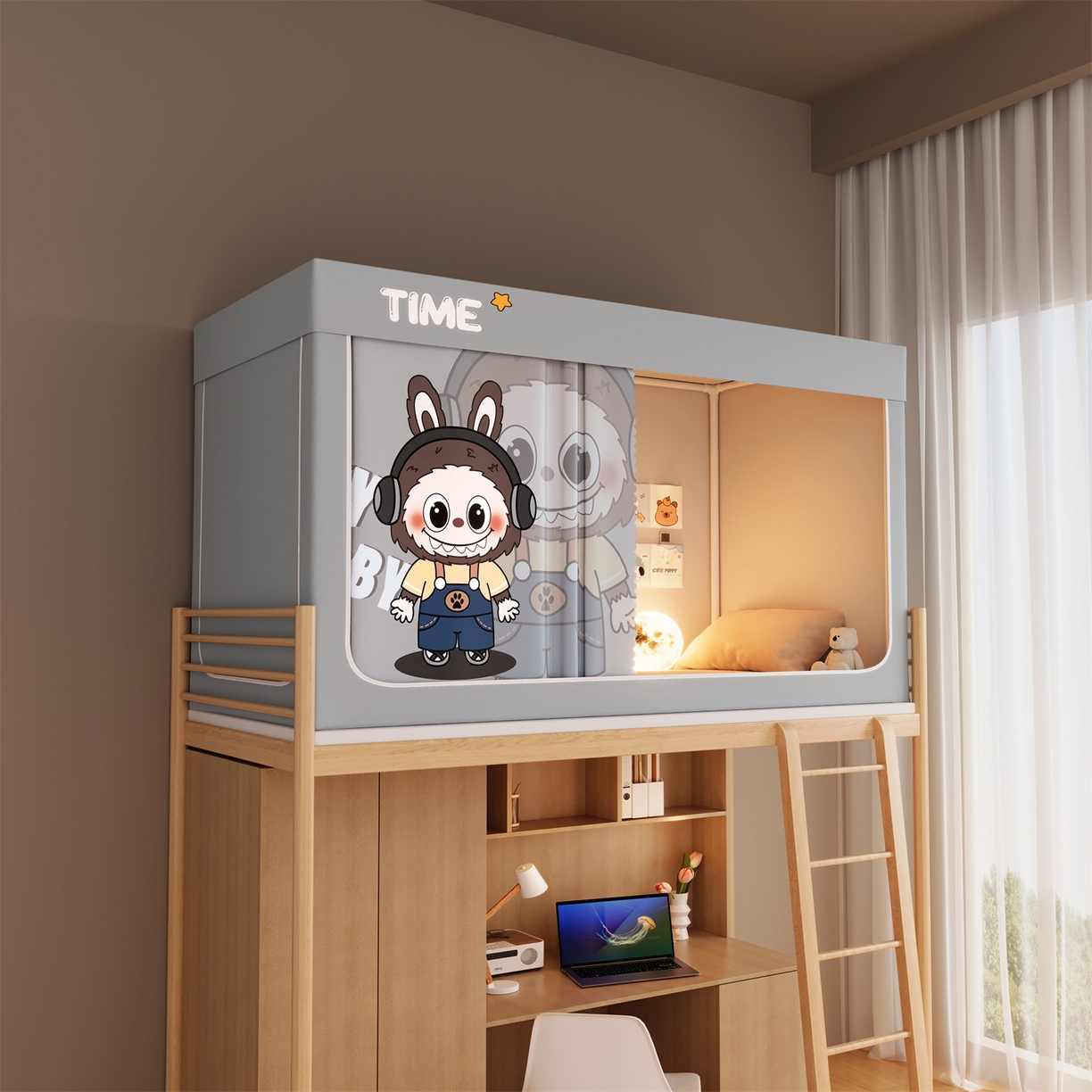 91家纺网 家纺一手货源 找家纺 佳梦家纺 2025新款学生坐床蚊帐-印花系列 背带咘咘-灰