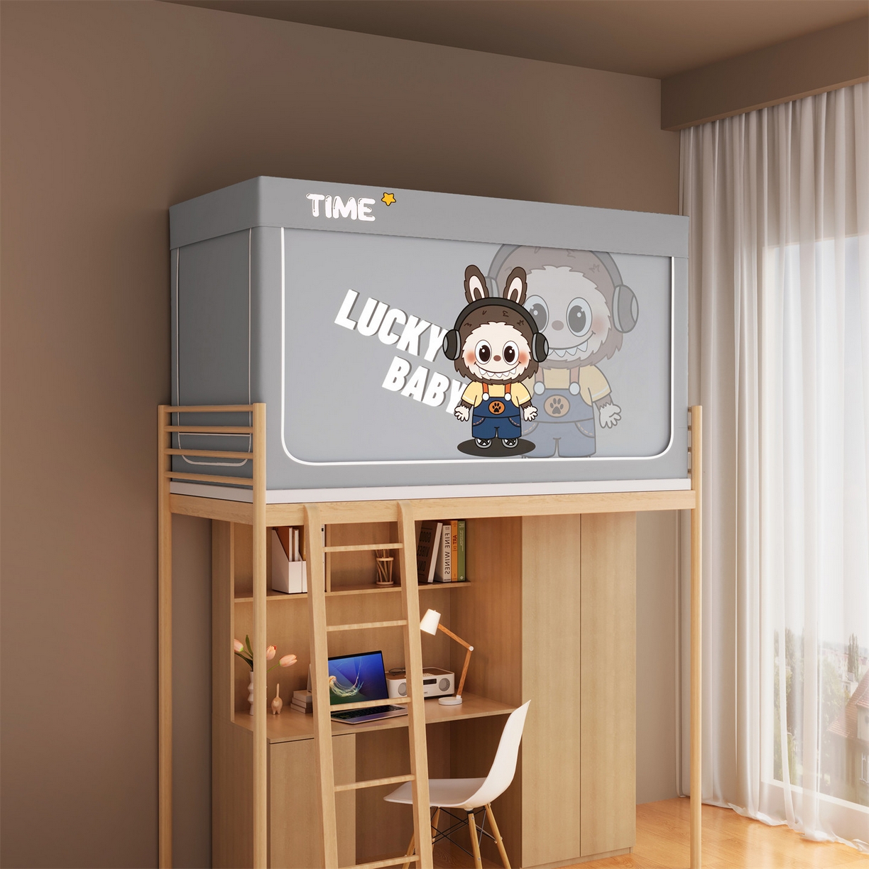 91家纺网 家纺一手货源 找家纺 佳梦家纺 2025新款学生坐床蚊帐-印花系列 背带咘咘-灰