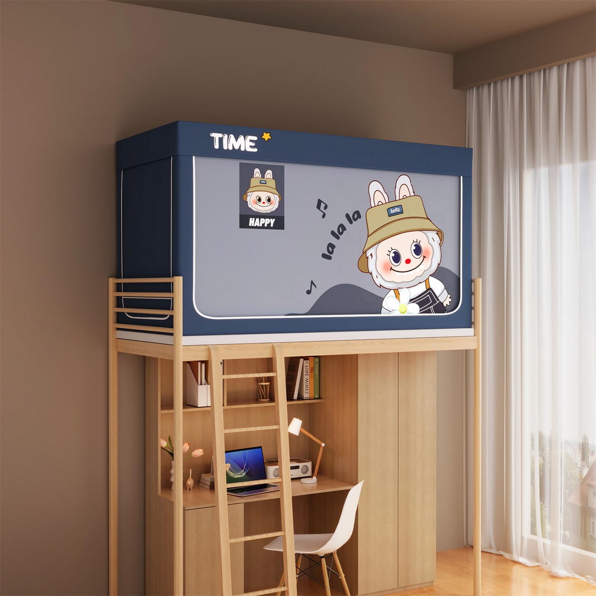 91家纺网 家纺一手货源 找家纺 佳梦家纺 2025新款学生坐床蚊帐-印花系列 春天咘咘-蓝