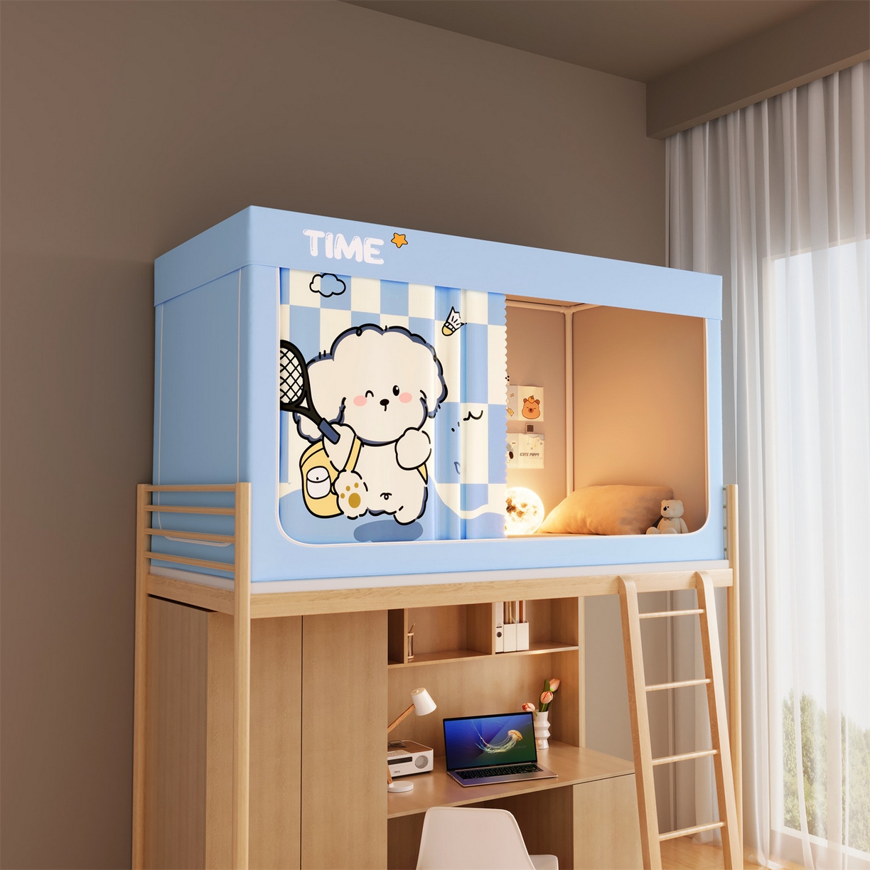 91家纺网 家纺一手货源 找家纺 佳梦家纺 2025新款学生坐床蚊帐-印花系列 网球小狗