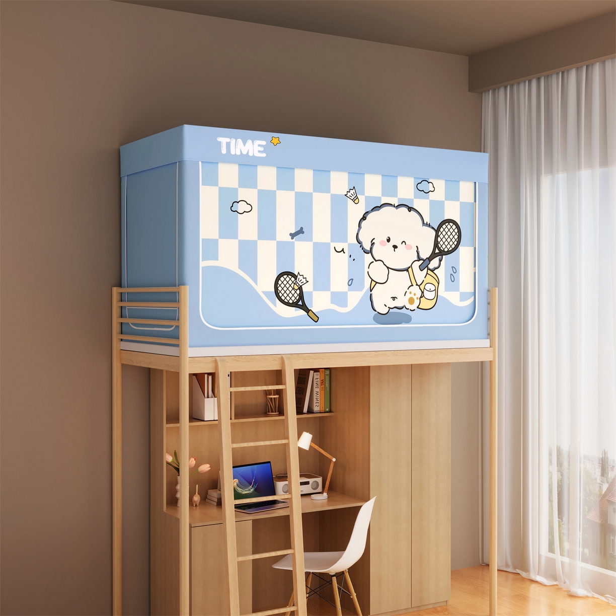 91家纺网 家纺一手货源 找家纺 佳梦家纺 2025新款学生坐床蚊帐-印花系列 网球小狗