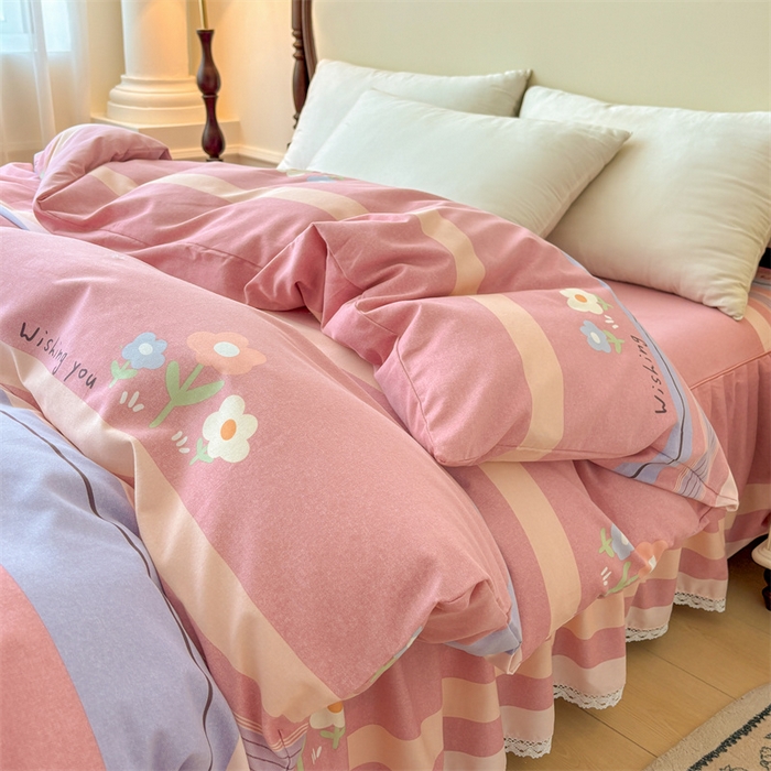 91家纺网 家纺一手货源 找家纺 缦彩 （支持一件定制）2024新款全棉被套加厚生态磨毛学生单被套纯棉被罩 浅忆雏菊-粉