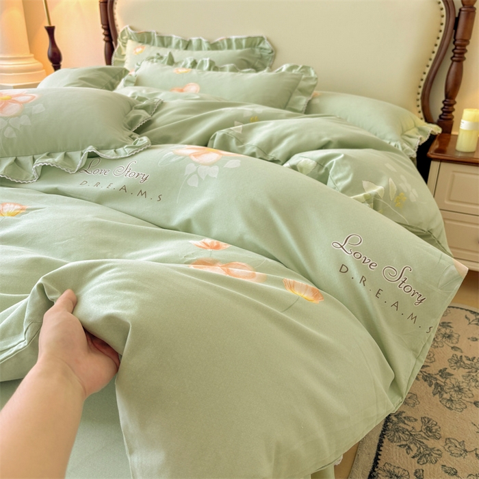 91家纺网 家纺一手货源 找家纺 缦彩 （支持一件定制）2024新款全棉被套加厚生态磨毛学生单被套纯棉被罩 槿花怒放-绿