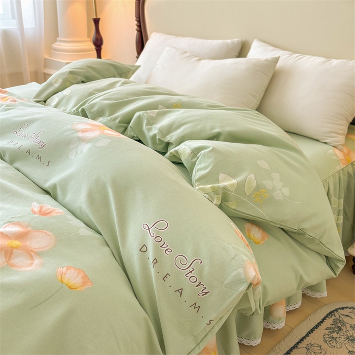 91家纺网 家纺一手货源 找家纺 缦彩 （支持一件定制）2024新款全棉被套加厚生态磨毛学生单被套纯棉被罩 槿花怒放-绿