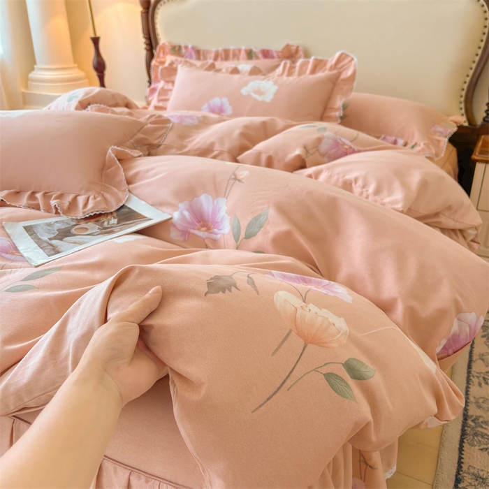 91家纺网 家纺一手货源 找家纺 缦彩 （支持一件定制）2024新款全棉被套加厚生态磨毛学生单被套纯棉被罩 花艺清梦-粉