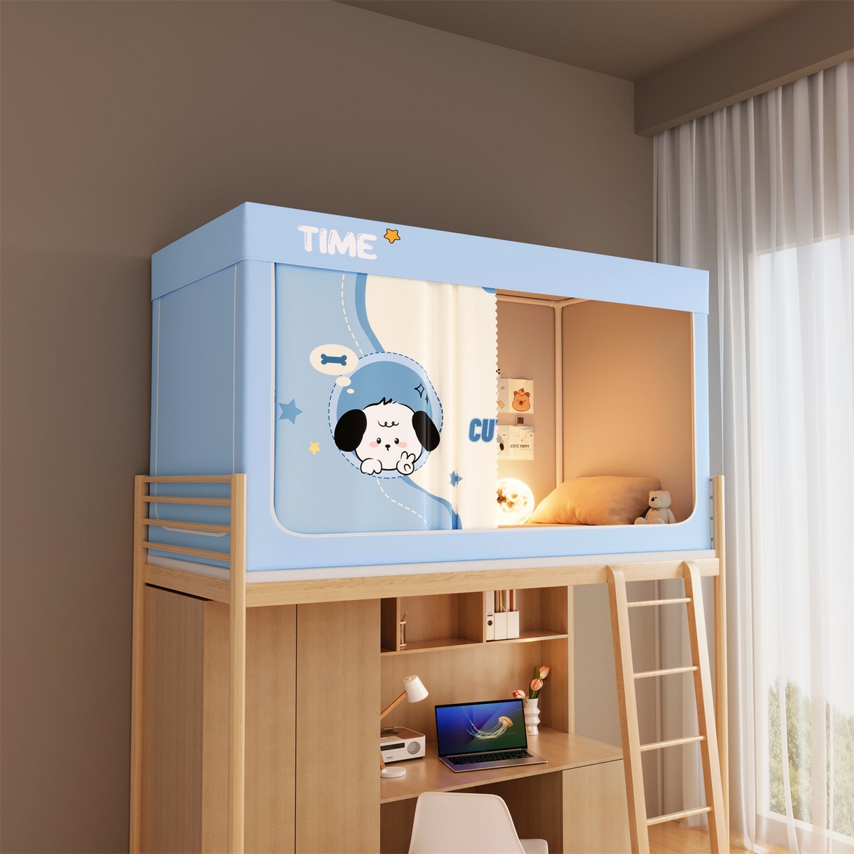 91家纺网 家纺一手货源 找家纺 佳梦家纺 2025新款学生坐床蚊帐-印花系列 星星小狗