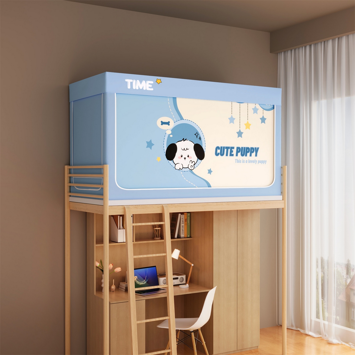 91家纺网 家纺一手货源 找家纺 佳梦家纺 2025新款学生坐床蚊帐-印花系列 星星小狗