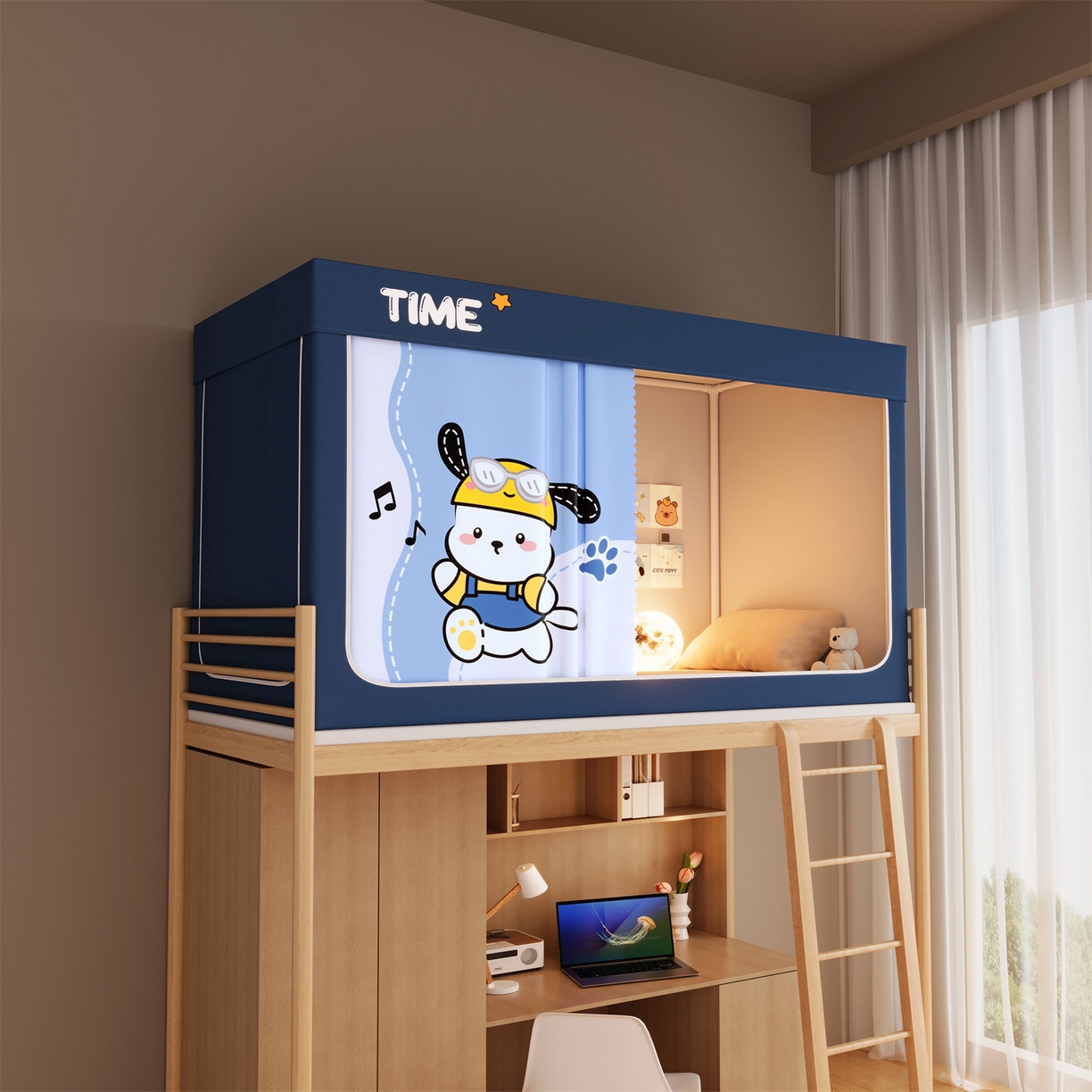 91家纺网 家纺一手货源 找家纺 佳梦家纺 2025新款学生坐床蚊帐-印花系列 元气小狗-蓝