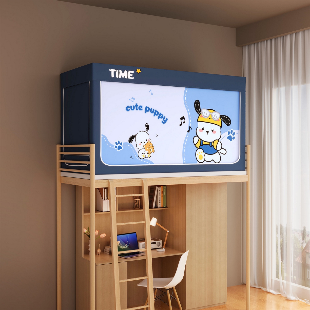 91家纺网 家纺一手货源 找家纺 佳梦家纺 2025新款学生坐床蚊帐-印花系列 元气小狗-蓝