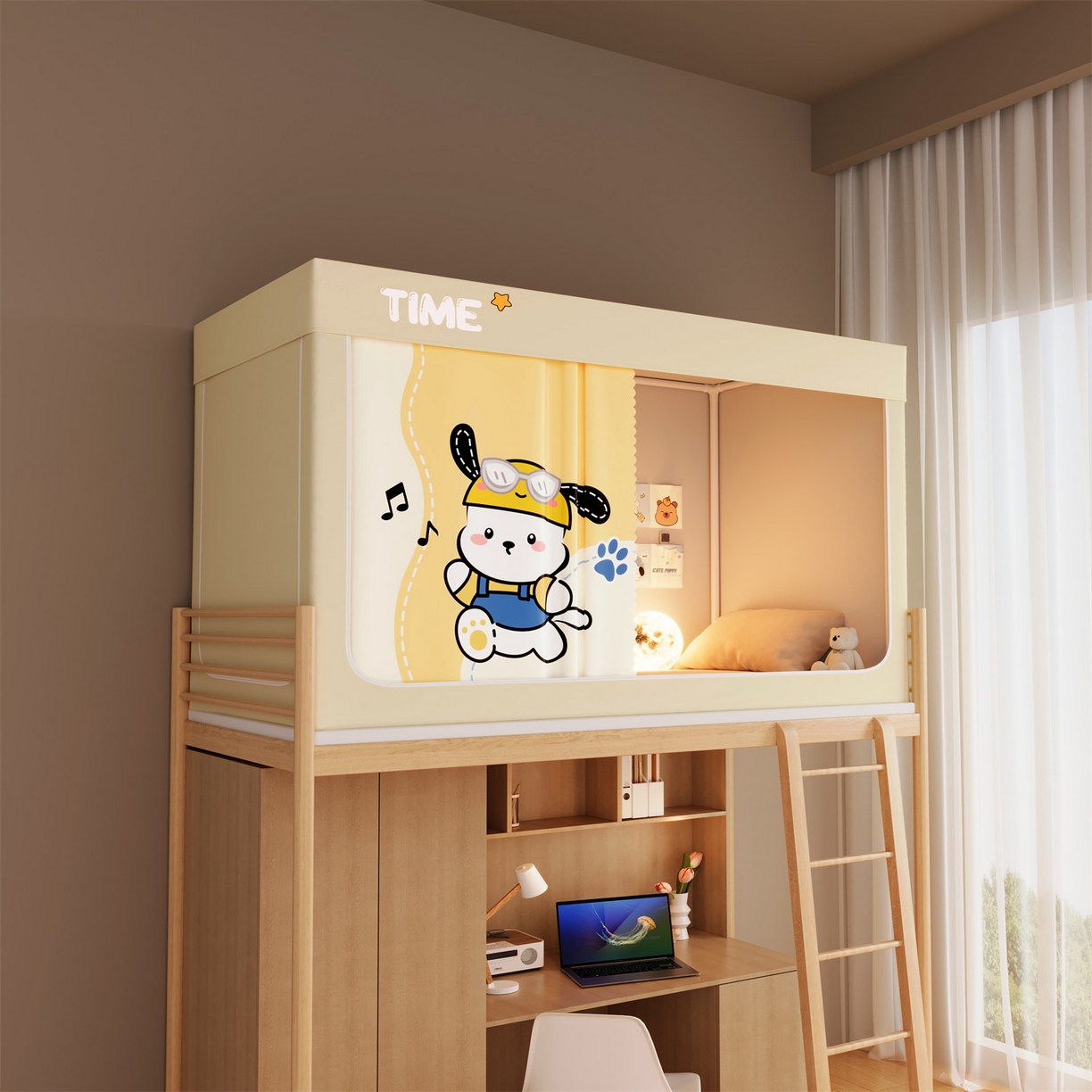 91家纺网 家纺一手货源 找家纺 佳梦家纺 2025新款学生坐床蚊帐-印花系列 元气小狗-米