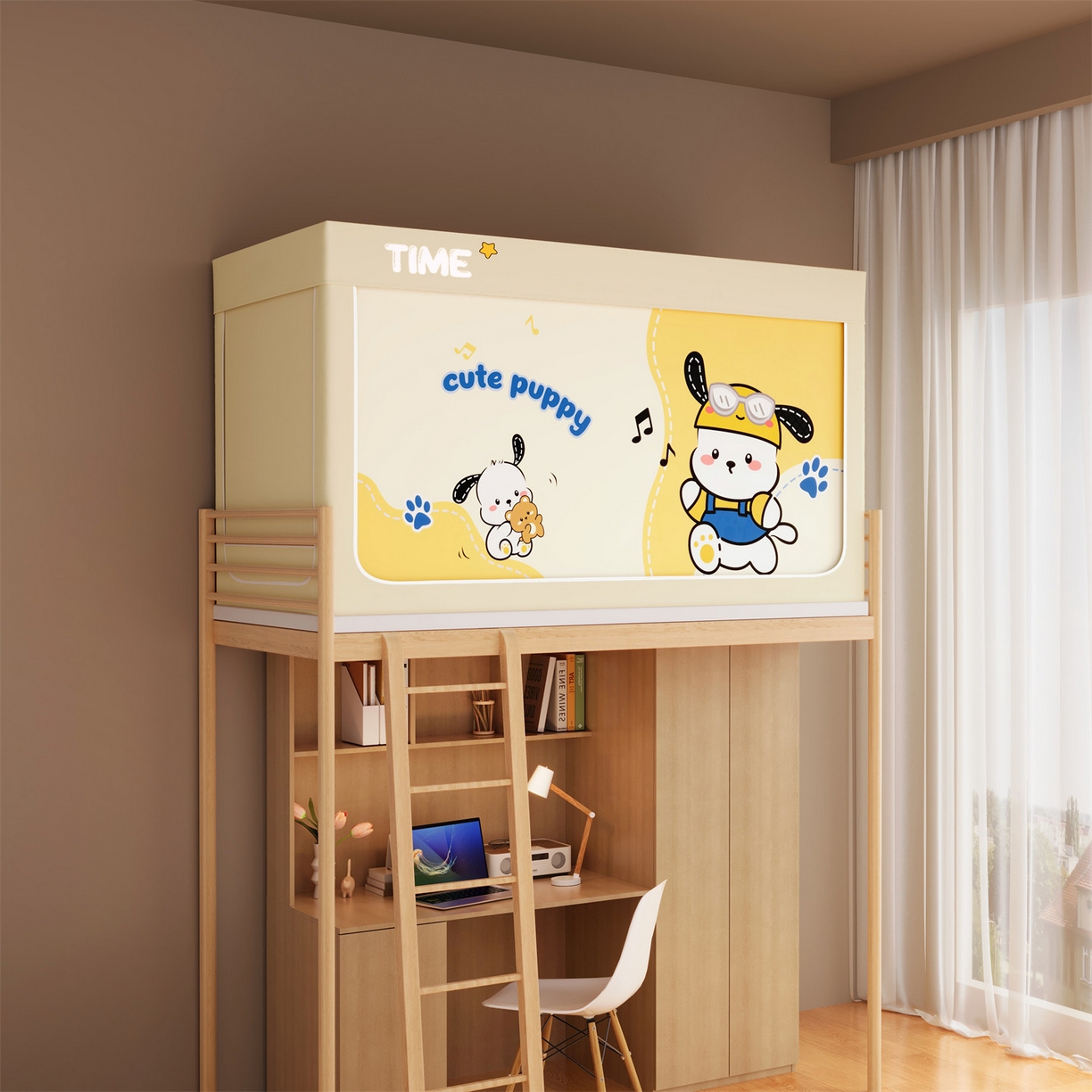 91家纺网 家纺一手货源 找家纺 佳梦家纺 2025新款学生坐床蚊帐-印花系列 元气小狗-米