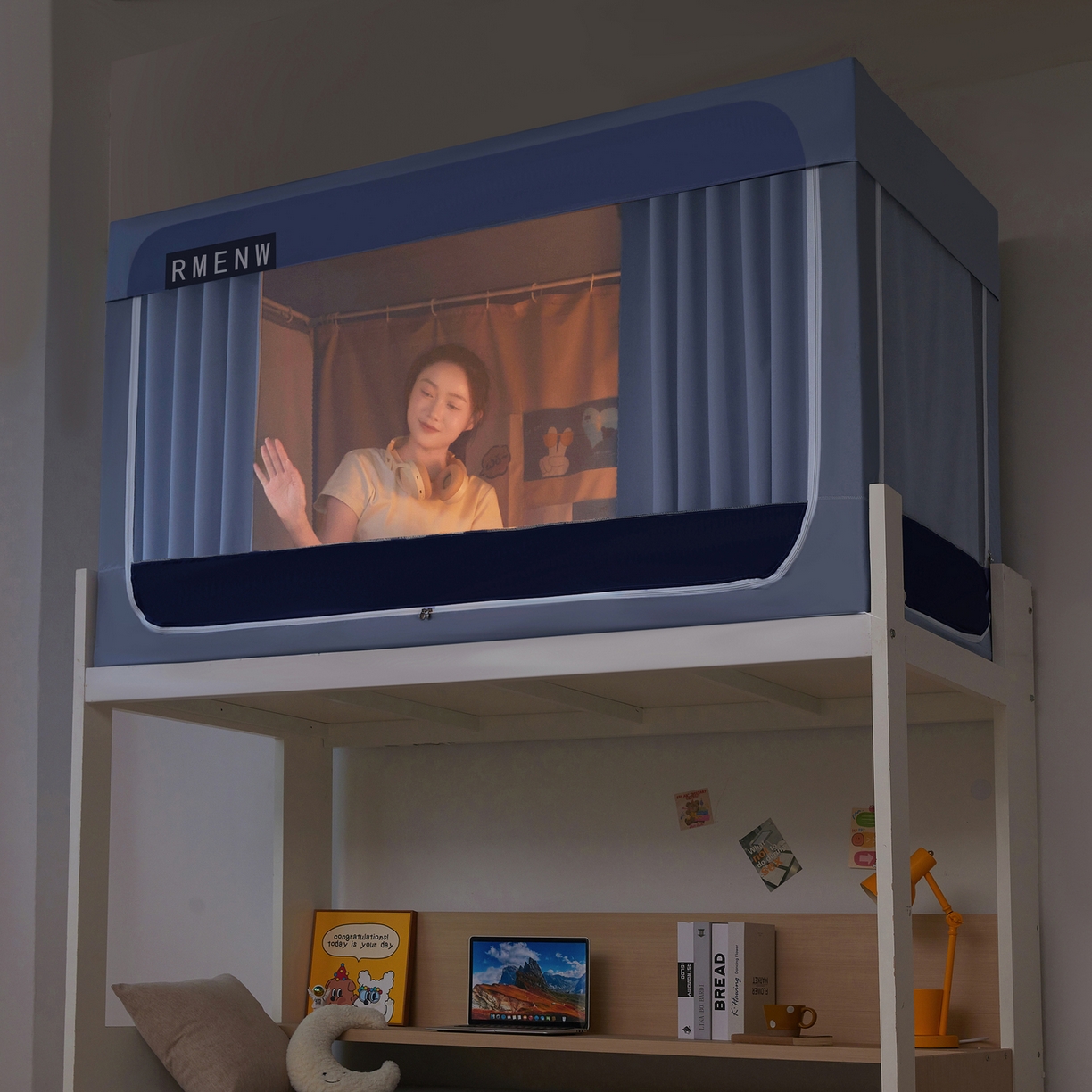 91家纺网 家纺一手货源 找家纺 星际优品 2025新款轻奢款学生一体式遮光蚊帐 星空蓝