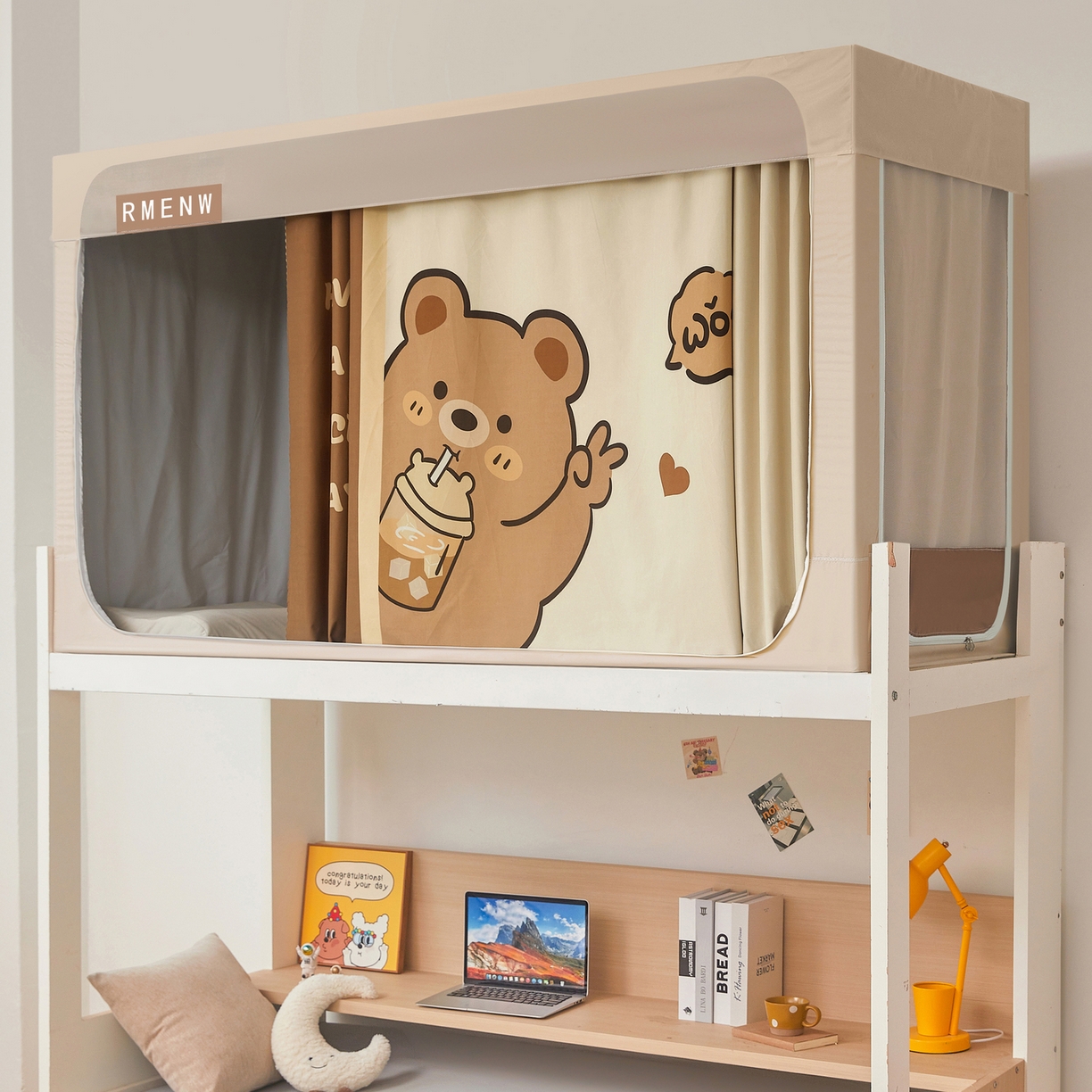 91家纺网 家纺一手货源 找家纺 星际优品 2025新款轻奢款学生一体式遮光蚊帐 奶咖-奶茶熊