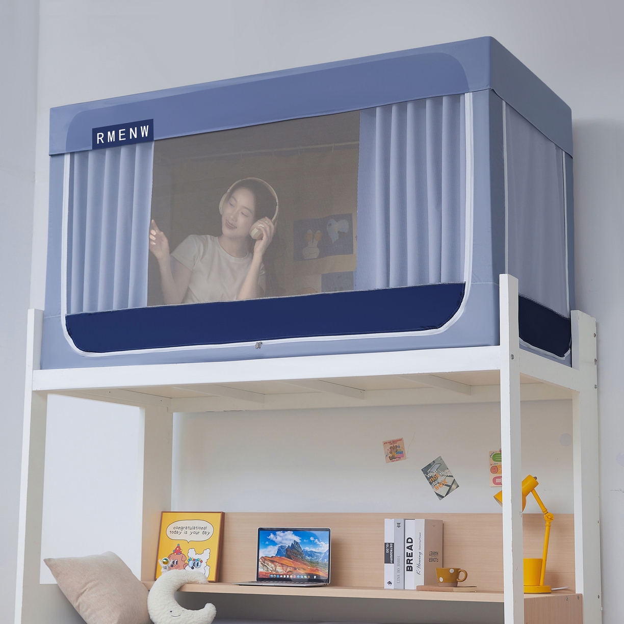 91家纺网 家纺一手货源 找家纺 星际优品 2025新款轻奢款学生一体式遮光蚊帐 星空蓝