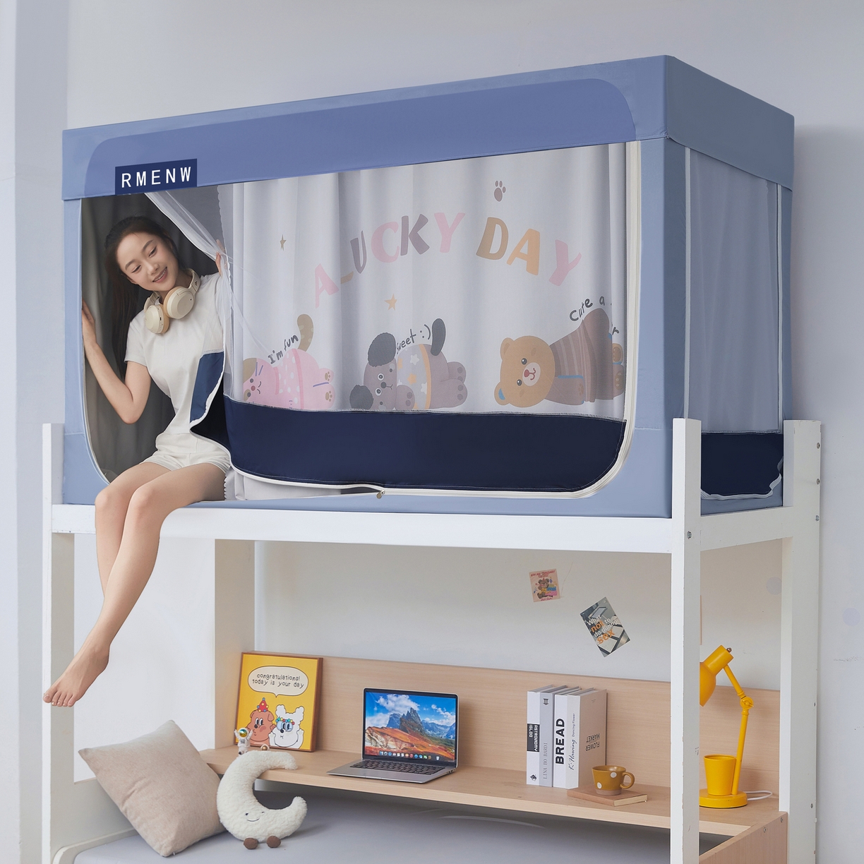 91家纺网 家纺一手货源 找家纺 星际优品 2025新款轻奢款学生一体式遮光蚊帐 星空蓝-布丁猫