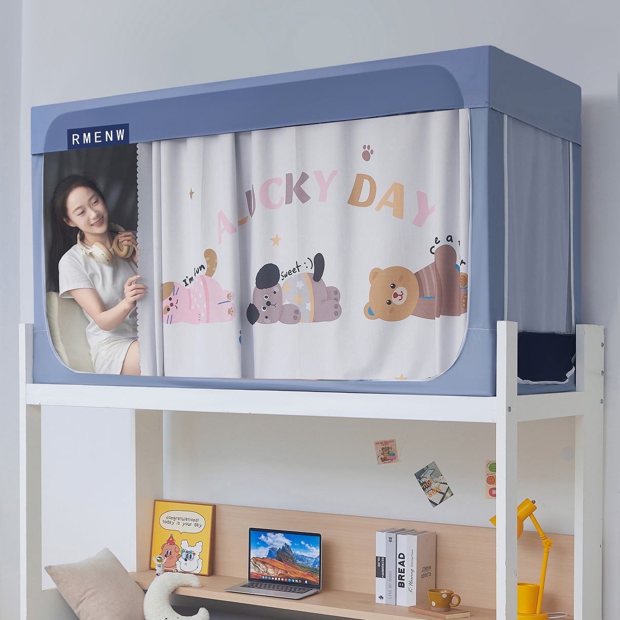 91家纺网 家纺一手货源 找家纺 星际优品 2025新款轻奢款学生一体式遮光蚊帐 星空蓝-布丁猫