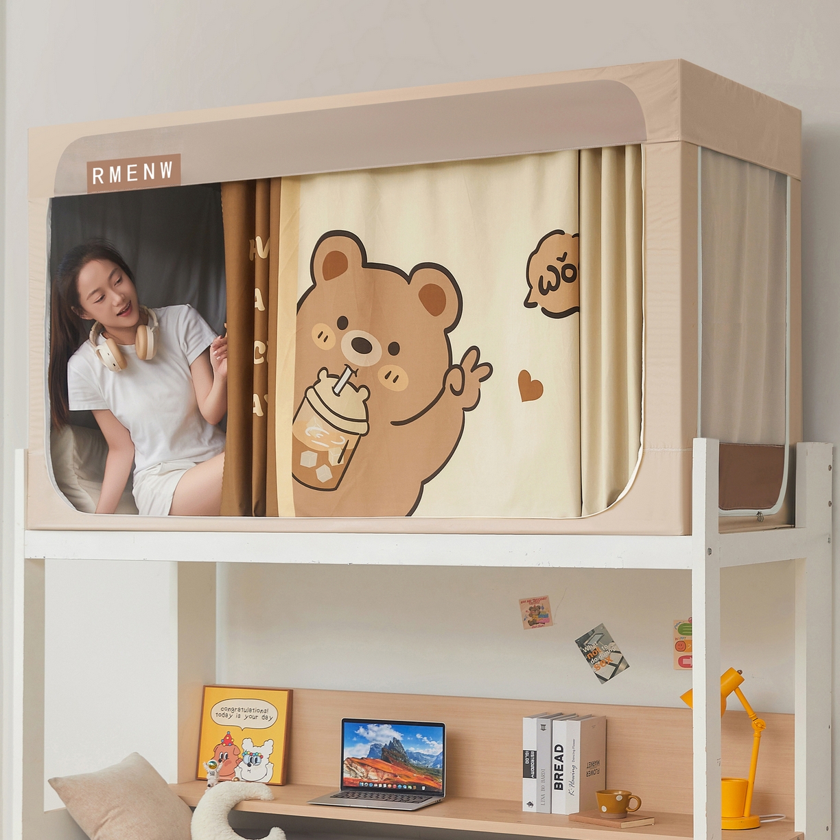 91家纺网 家纺一手货源 找家纺 星际优品 2025新款轻奢款学生一体式遮光蚊帐 奶咖-奶茶熊