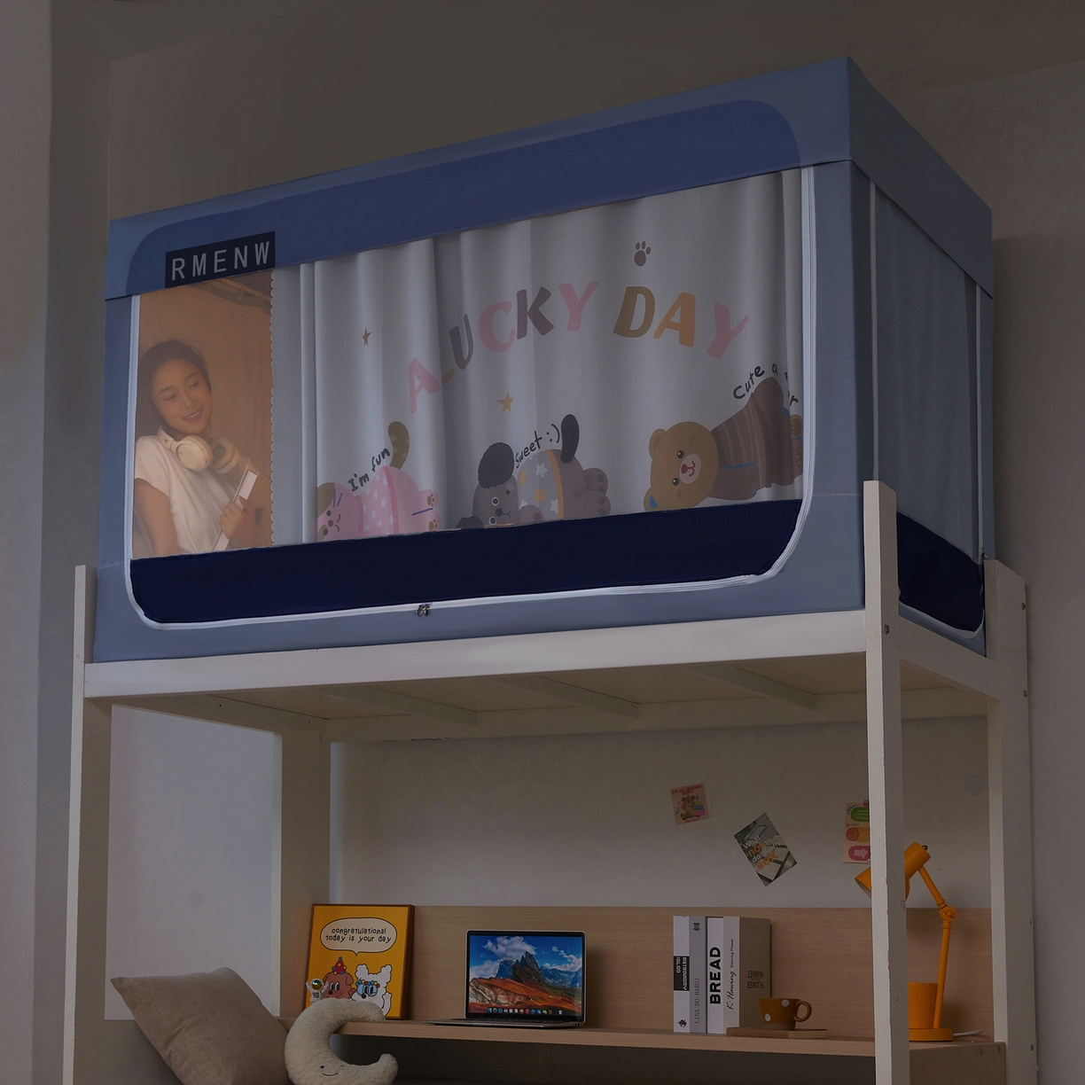 星际优品 2025新款轻奢款学生一体式遮光蚊帐 星空蓝-布丁猫