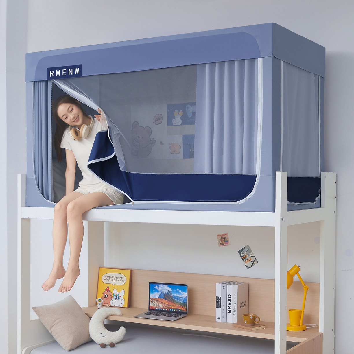 91家纺网 家纺一手货源 找家纺 星际优品 2025新款轻奢款学生一体式遮光蚊帐 星空蓝