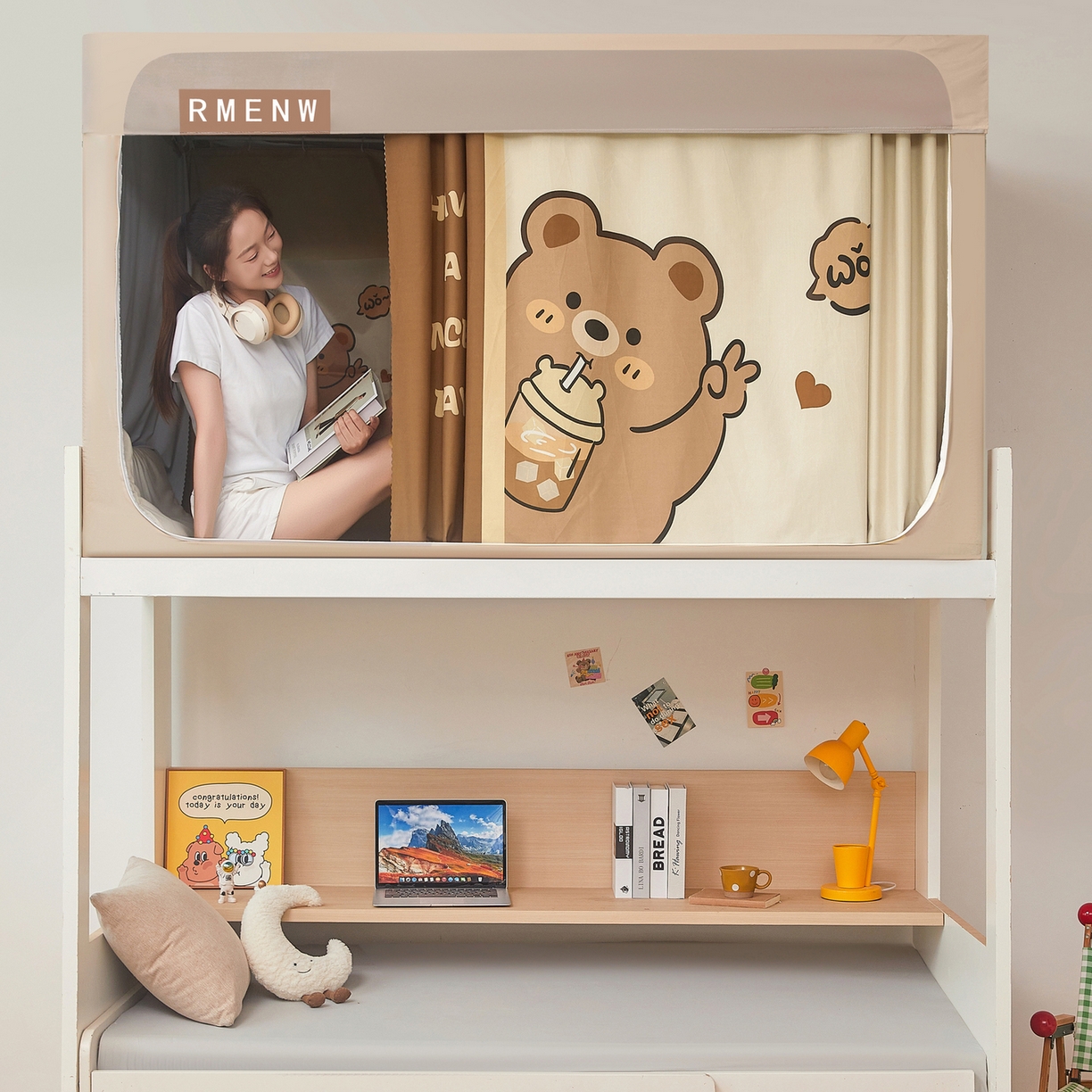 91家纺网 家纺一手货源 找家纺 星际优品 2025新款轻奢款学生一体式遮光蚊帐 奶咖-奶茶熊