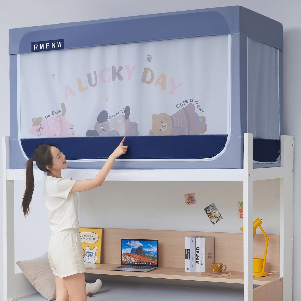 91家纺网 家纺一手货源 找家纺 星际优品 2025新款轻奢款学生一体式遮光蚊帐 星空蓝-布丁猫