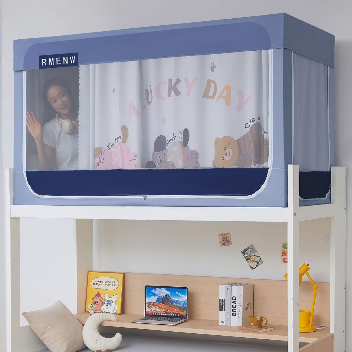 91家纺网 家纺一手货源 找家纺 星际优品 2025新款轻奢款学生一体式遮光蚊帐 星空蓝-布丁猫