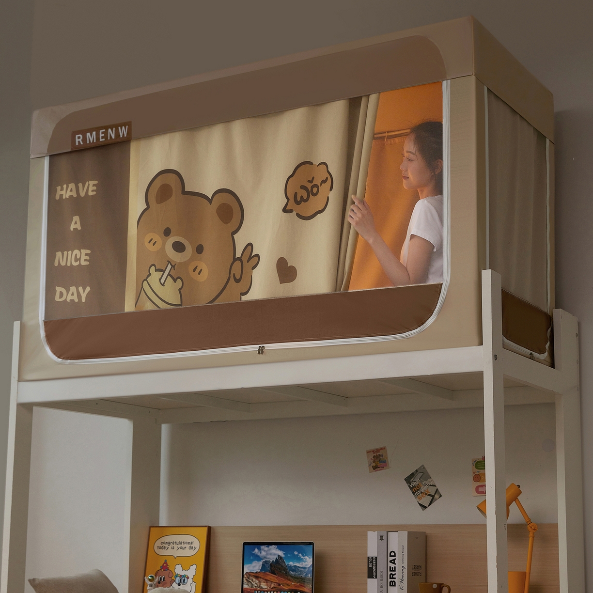 91家纺网 家纺一手货源 找家纺 星际优品 2025新款轻奢款学生一体式遮光蚊帐 奶咖-奶茶熊