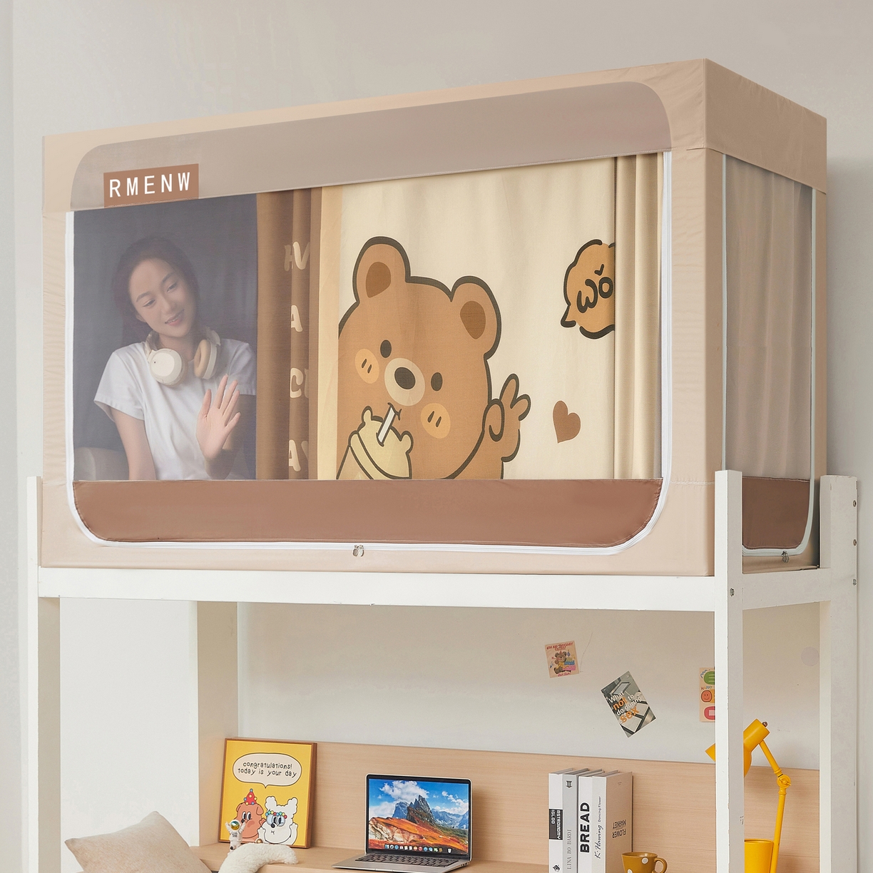 91家纺网 家纺一手货源 找家纺 星际优品 2025新款轻奢款学生一体式遮光蚊帐 奶咖-奶茶熊