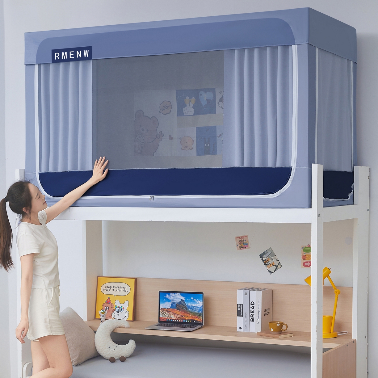 91家纺网 家纺一手货源 找家纺 星际优品 2025新款轻奢款学生一体式遮光蚊帐 星空蓝