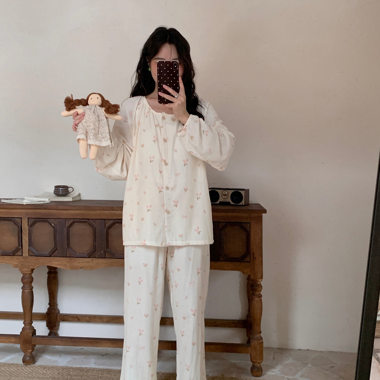 纽约生活 2025新款有氧纱胸垫圆领开扣长袖长裤（会员-5） 花束蝴蝶结