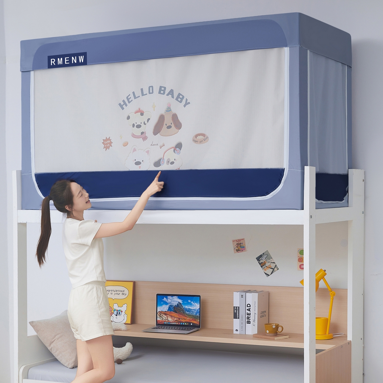 91家纺网 家纺一手货源 找家纺 星际优品 2025新款轻奢款学生一体式遮光蚊帐 星空蓝-小狗派对