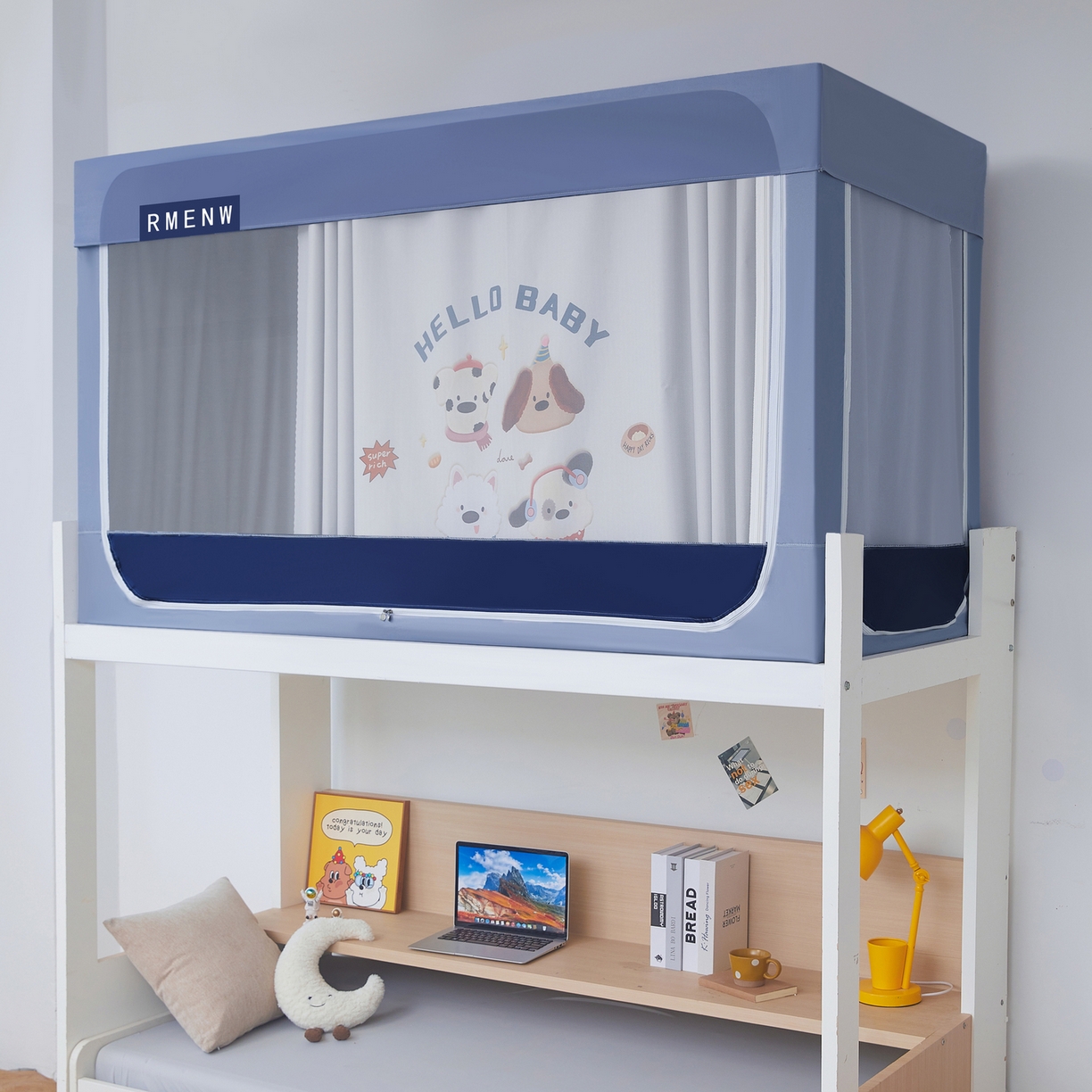 91家纺网 家纺一手货源 找家纺 星际优品 2025新款轻奢款学生一体式遮光蚊帐 星空蓝-小狗派对