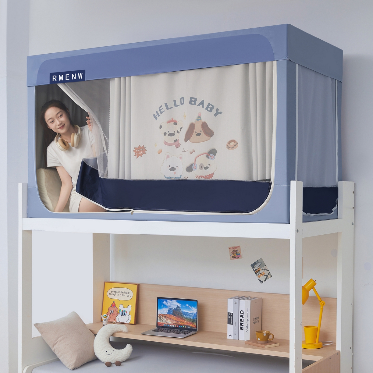 91家纺网 家纺一手货源 找家纺 星际优品 2025新款轻奢款学生一体式遮光蚊帐 星空蓝-小狗派对