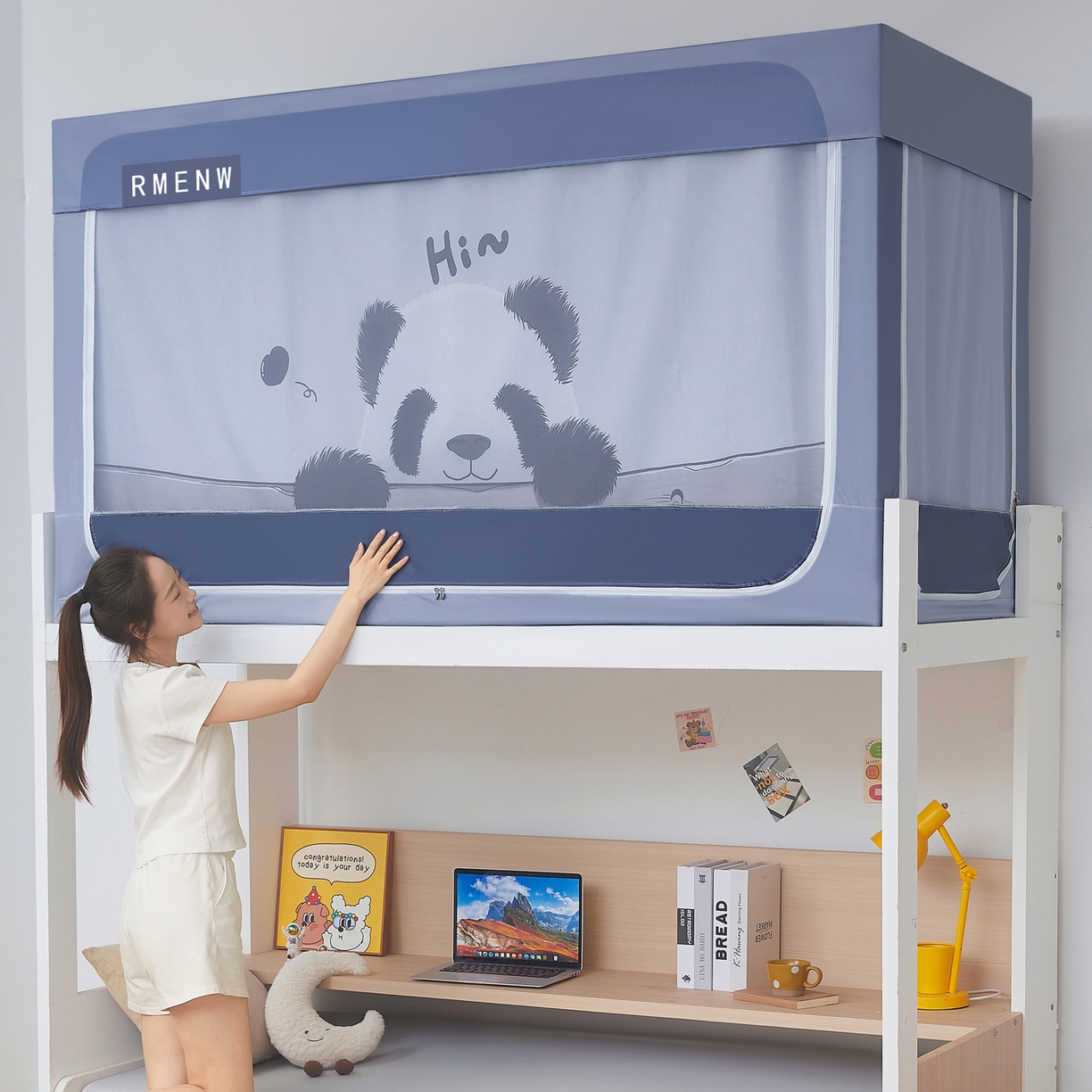 91家纺网 家纺一手货源 找家纺 星际优品 2025新款轻奢款学生一体式遮光蚊帐 星空灰-憨憨熊猫