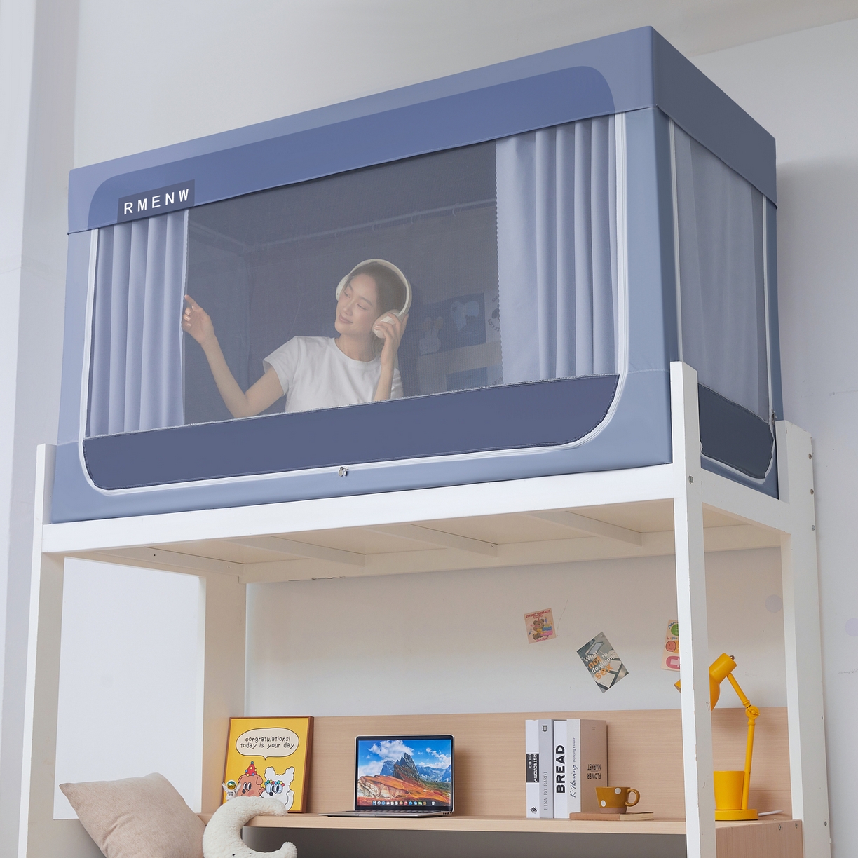 91家纺网 家纺一手货源 找家纺 星际优品 2025新款轻奢款学生一体式遮光蚊帐 星空灰