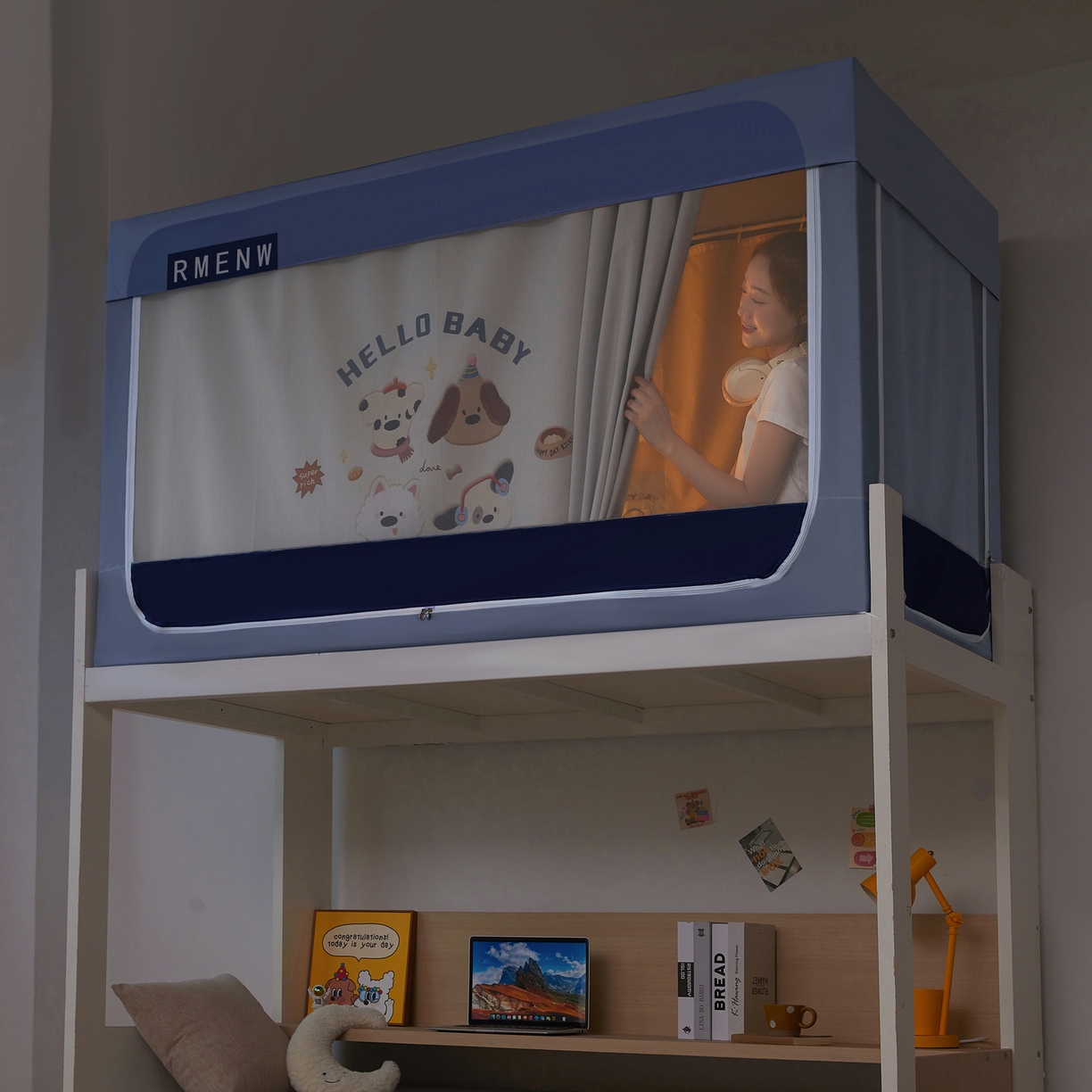 91家纺网 家纺一手货源 找家纺 星际优品 2025新款轻奢款学生一体式遮光蚊帐 星空蓝-小狗派对