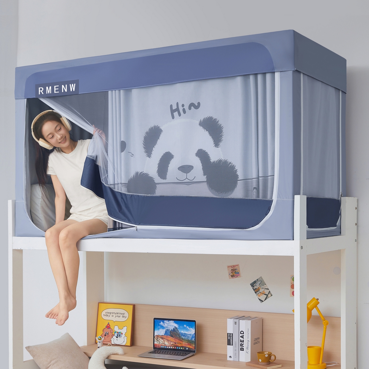 91家纺网 家纺一手货源 找家纺 星际优品 2025新款轻奢款学生一体式遮光蚊帐 星空灰-憨憨熊猫