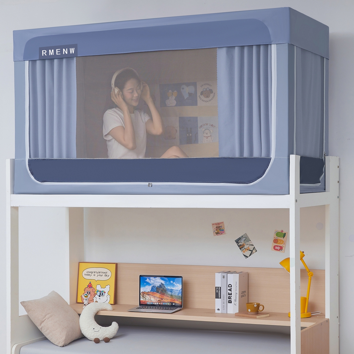 91家纺网 家纺一手货源 找家纺 星际优品 2025新款轻奢款学生一体式遮光蚊帐 星空灰