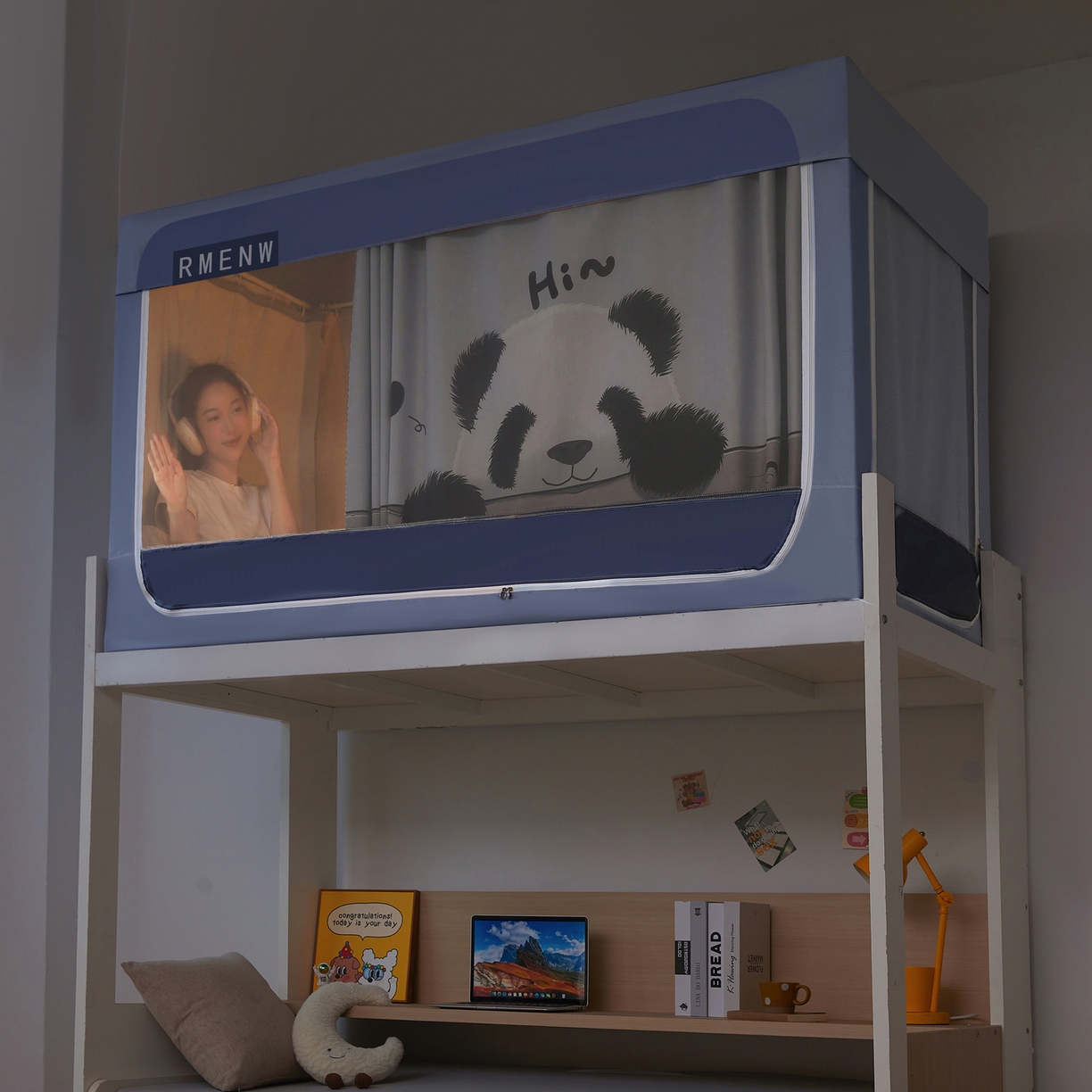 91家纺网 家纺一手货源 找家纺 星际优品 2025新款轻奢款学生一体式遮光蚊帐 星空灰-憨憨熊猫