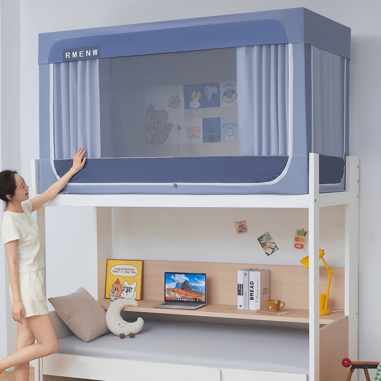 91家纺网 家纺一手货源 找家纺 星际优品 2025新款轻奢款学生一体式遮光蚊帐 星空灰