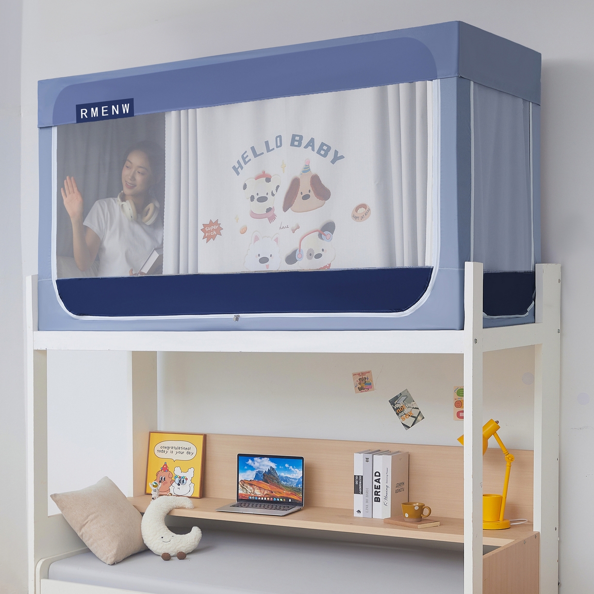 91家纺网 家纺一手货源 找家纺 星际优品 2025新款轻奢款学生一体式遮光蚊帐 星空蓝-小狗派对