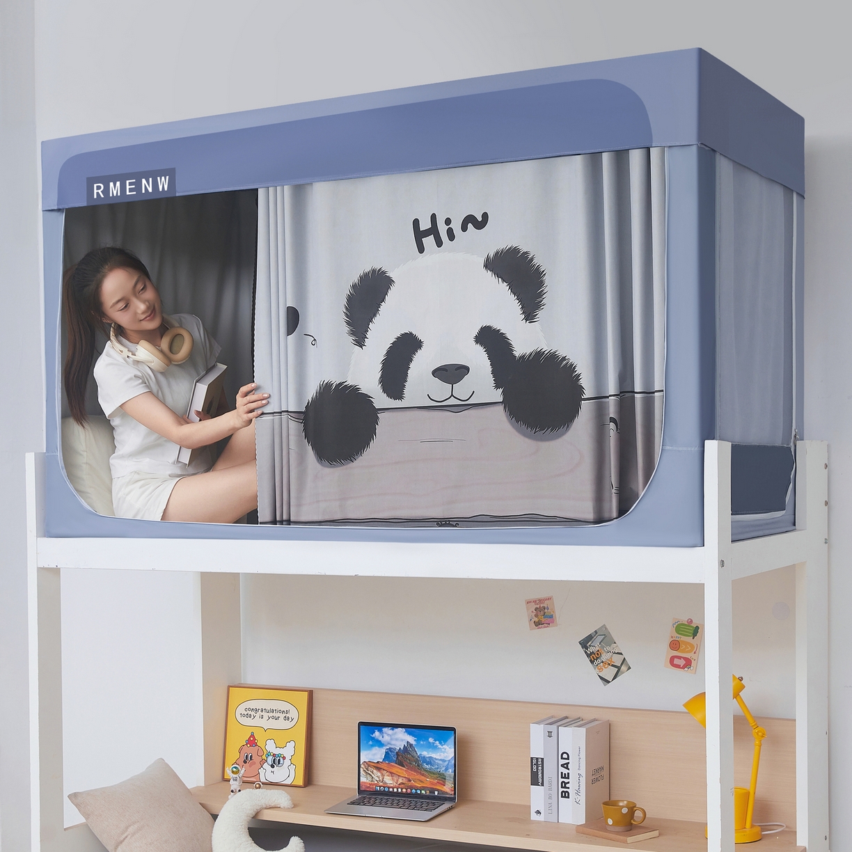 91家纺网 家纺一手货源 找家纺 星际优品 2025新款轻奢款学生一体式遮光蚊帐 星空灰-憨憨熊猫