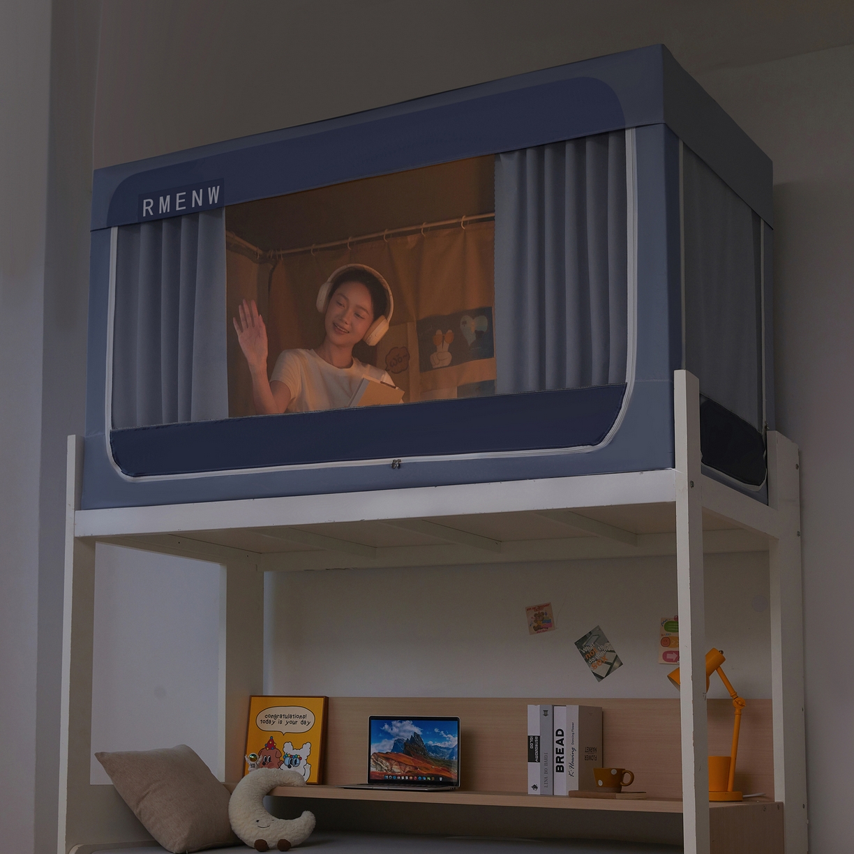 91家纺网 家纺一手货源 找家纺 星际优品 2025新款轻奢款学生一体式遮光蚊帐 星空灰