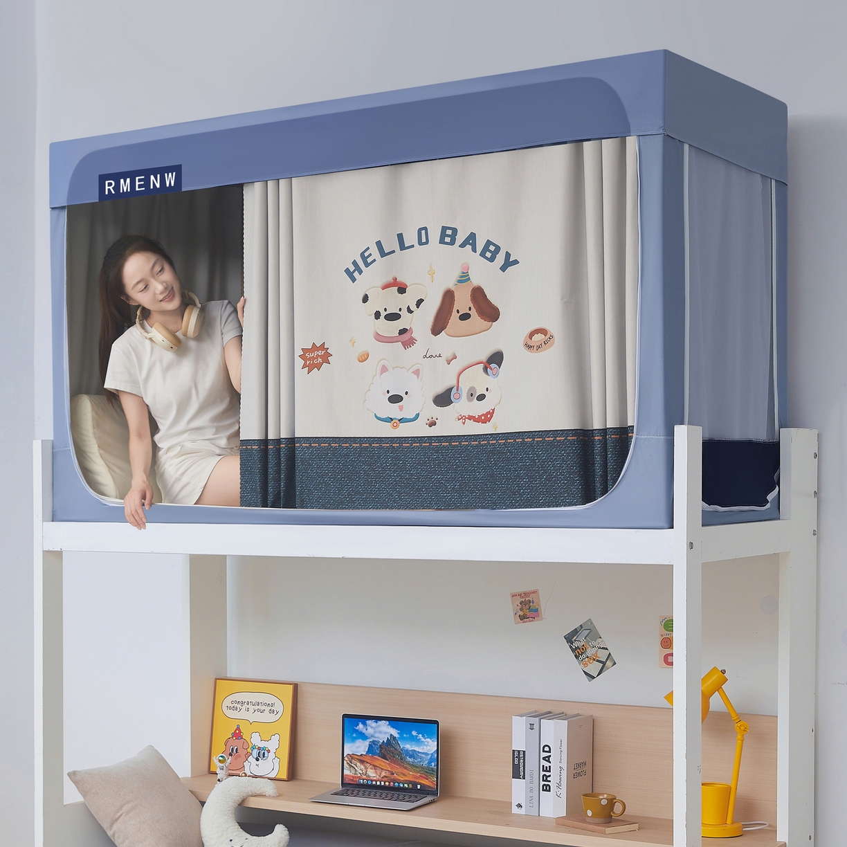 91家纺网 家纺一手货源 找家纺 星际优品 2025新款轻奢款学生一体式遮光蚊帐 星空蓝-小狗派对