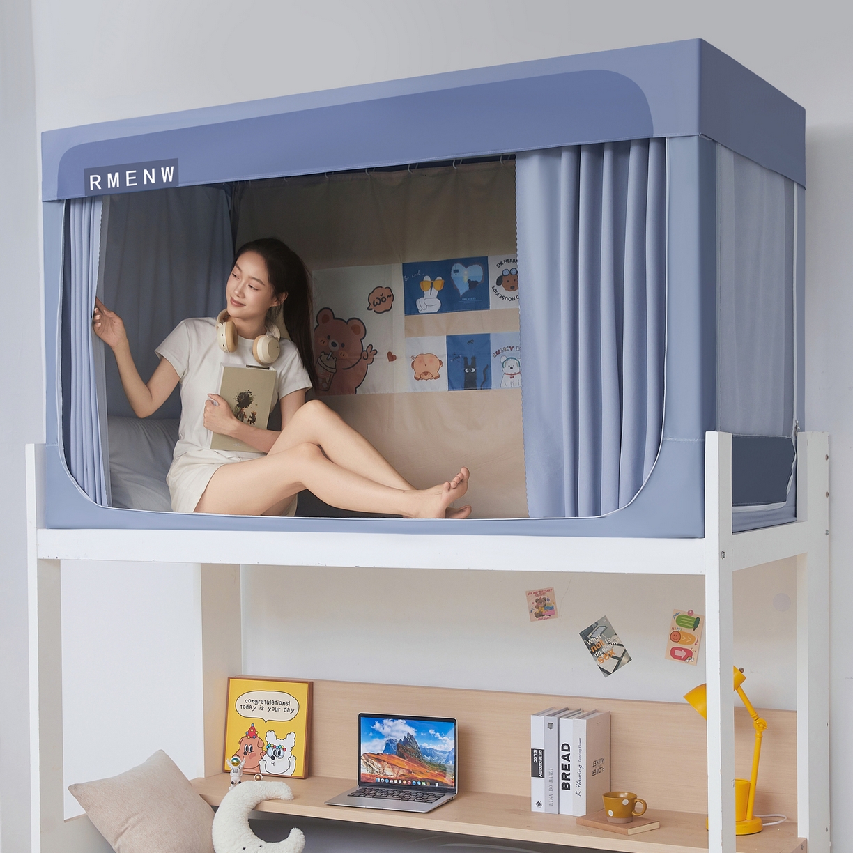 91家纺网 家纺一手货源 找家纺 星际优品 2025新款轻奢款学生一体式遮光蚊帐 星空灰