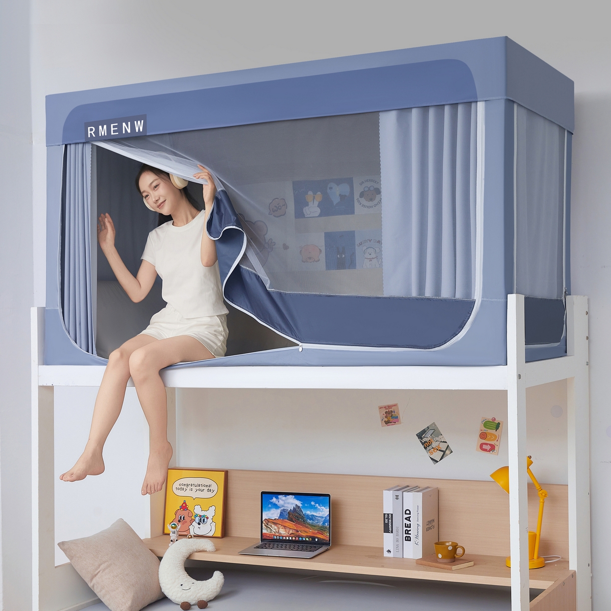 91家纺网 家纺一手货源 找家纺 星际优品 2025新款轻奢款学生一体式遮光蚊帐 星空灰