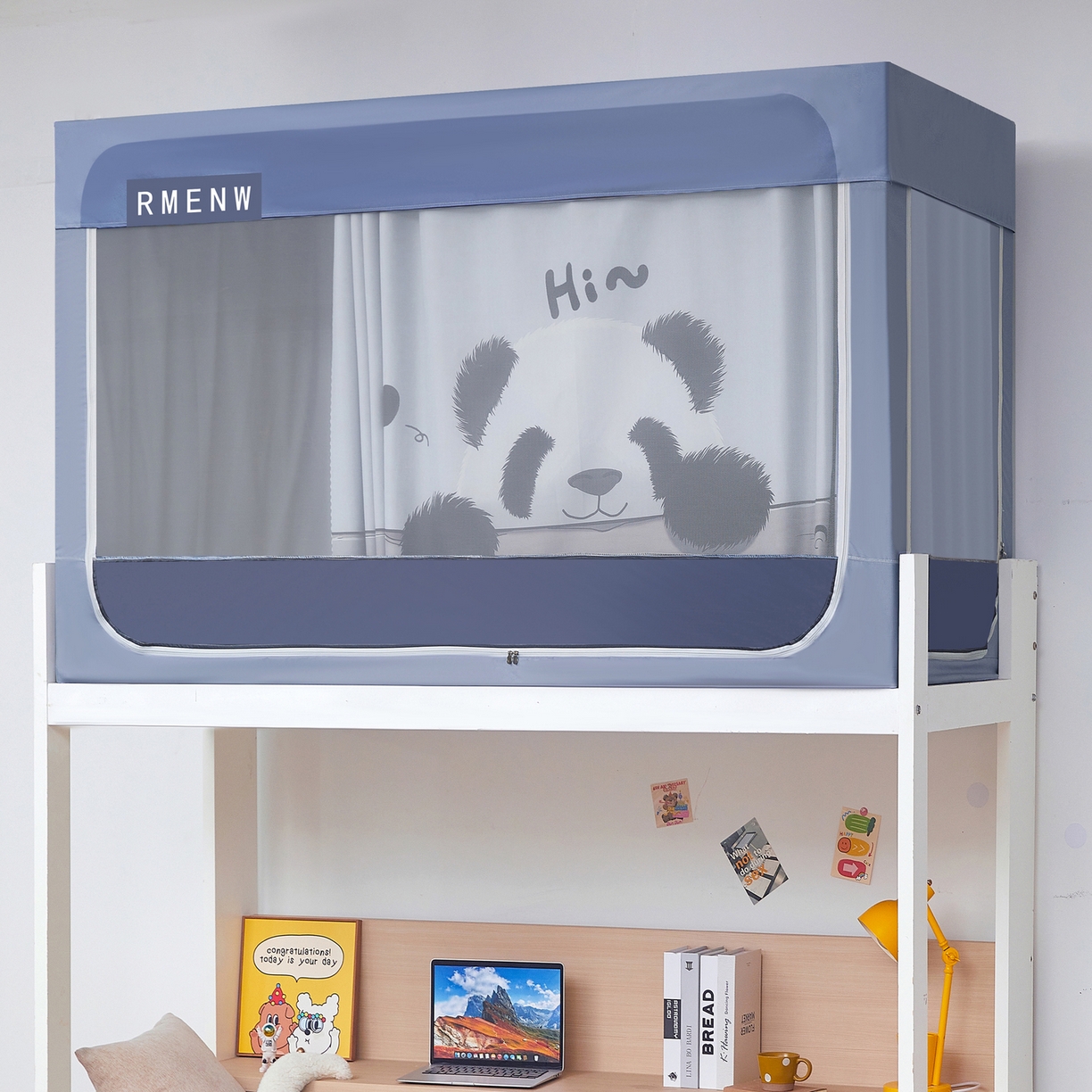 91家纺网 家纺一手货源 找家纺 星际优品 2025新款轻奢款学生一体式遮光蚊帐 星空灰-憨憨熊猫