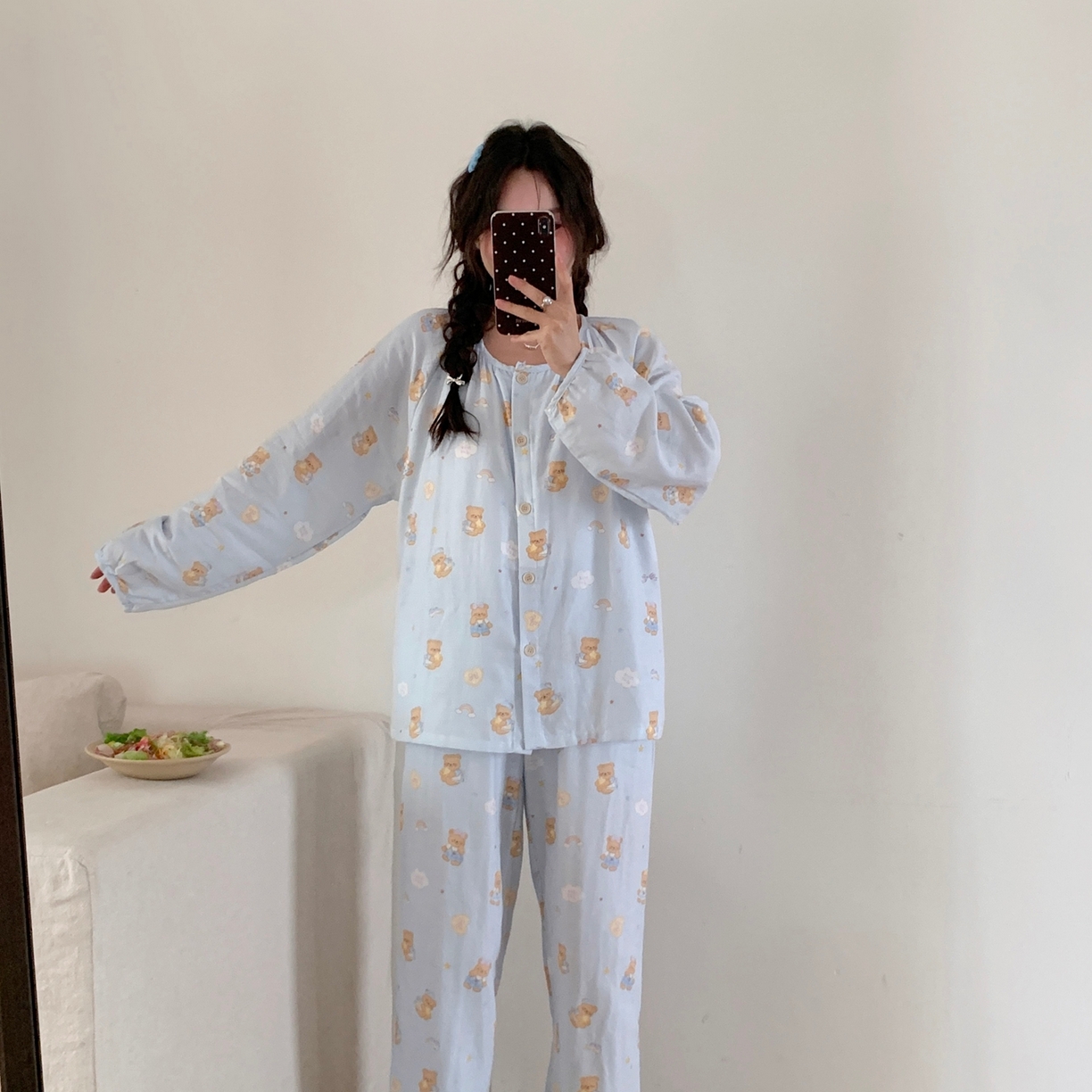 纽约生活 2025新款有氧纱胸垫圆领开扣长袖长裤（会员-5） 黄油小熊蓝